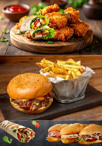 Fried chicken wraps with burger and fries at Chix Crepe & Waffle