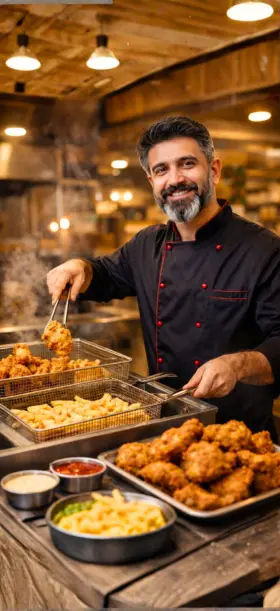 Chix Crepe & Waffle chef preparing crispy fried chicken in the kitchen